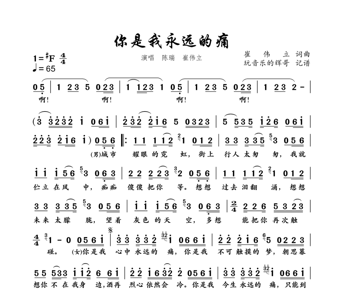 你是我永远的痛简谱 陈瑞  崔伟立《你是我永远的痛》简谱+动态视频#F调