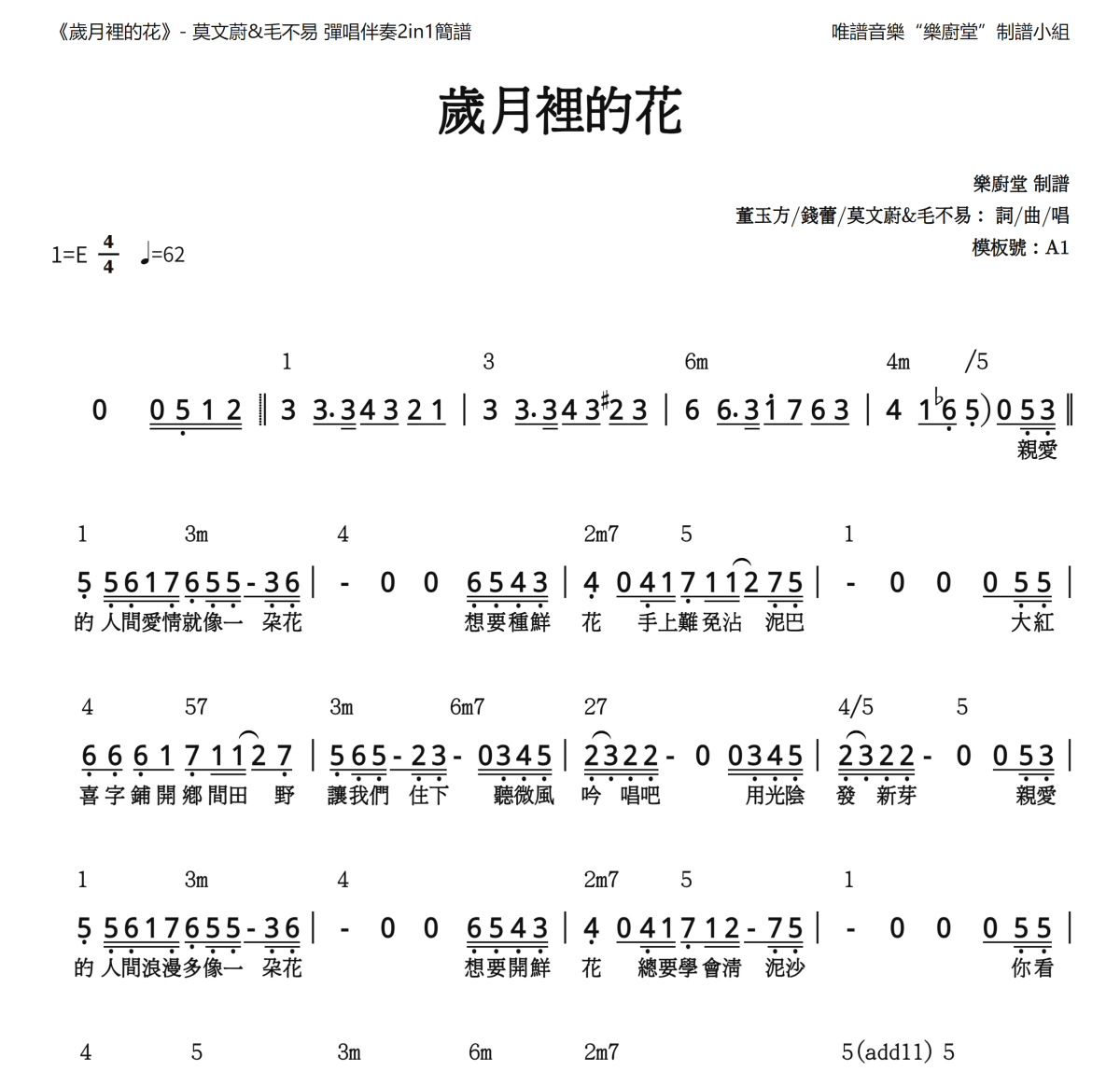 岁月里的花简谱 莫文蔚 毛不易《岁月里的花》(和弦简谱)简谱E调