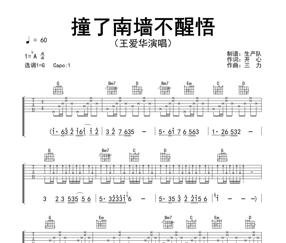 撞了南墙不醒悟吉他谱 王爱华《撞了南墙不醒悟》六线谱G调吉他谱