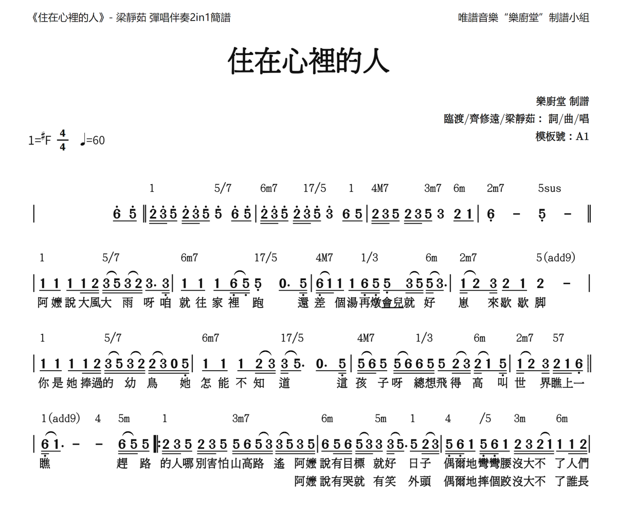 住在你心里的人简谱 梁静茹《住在你心里的人》(和弦简谱)简谱#F调