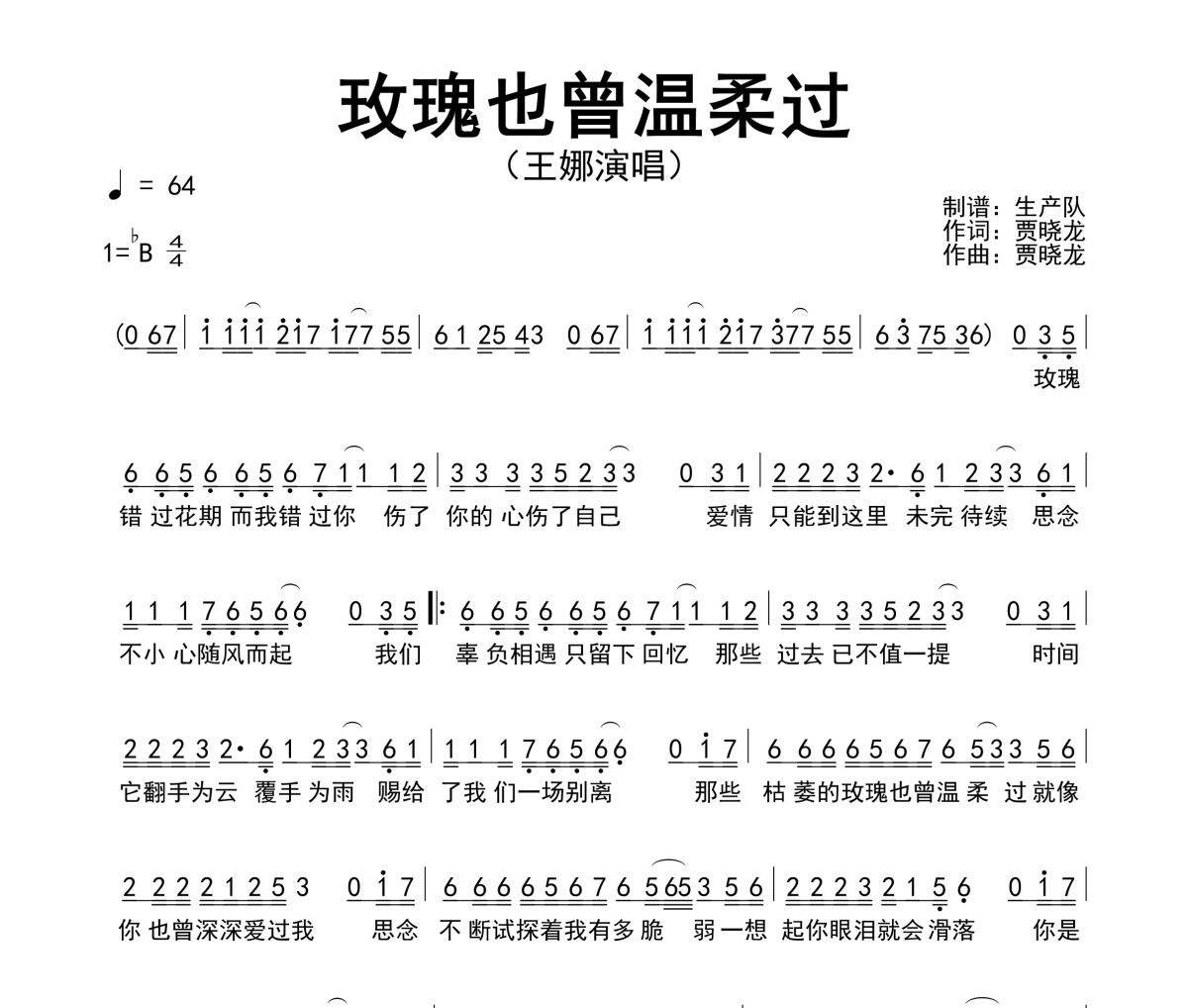 玫瑰也曾温柔过简谱 王娜《玫瑰也曾温柔过》简谱降B调