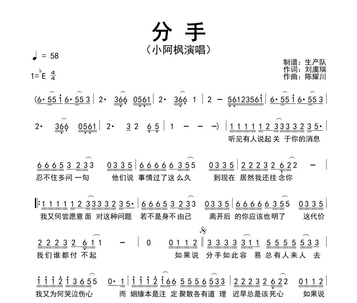 分手简谱 小阿枫《分手》简谱降E调