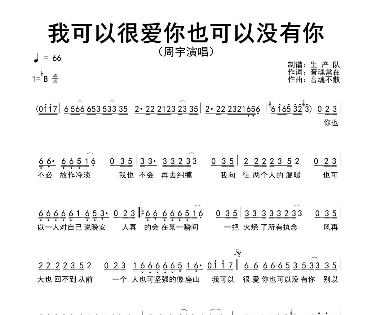 我可以很爱你也可以没有你简谱 周宇《我可以很爱你也可以没有你》简谱降B调