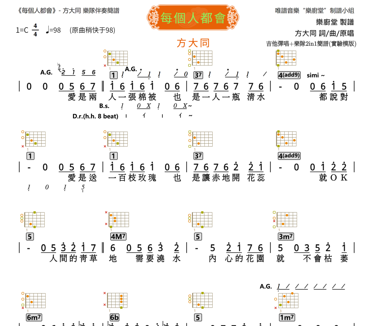 每个人都会简谱 方大同《每个人都会》(2in1简谱附吉他和弦图)简谱C调