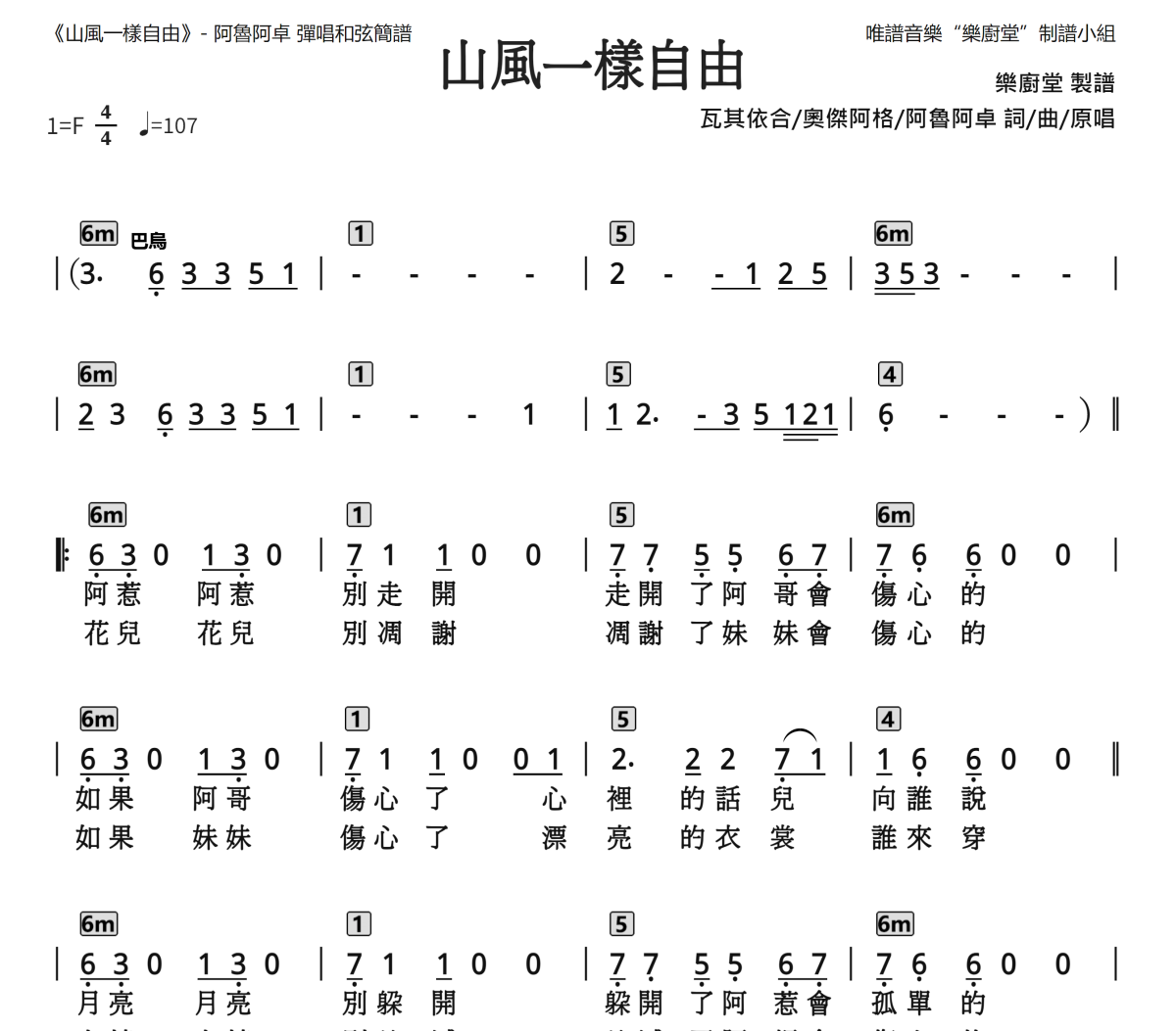 山风一样自由简谱 阿鲁阿卓《山风一样自由》(和弦谱)简谱F调