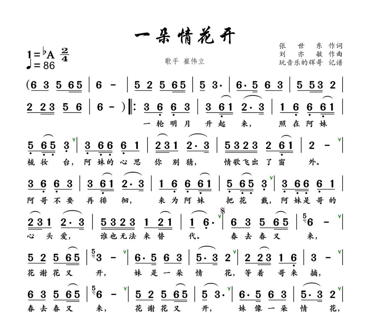 一朵情花开简谱 崔伟立  胡蜜丹《一朵情花开》简谱+动态视频降A调