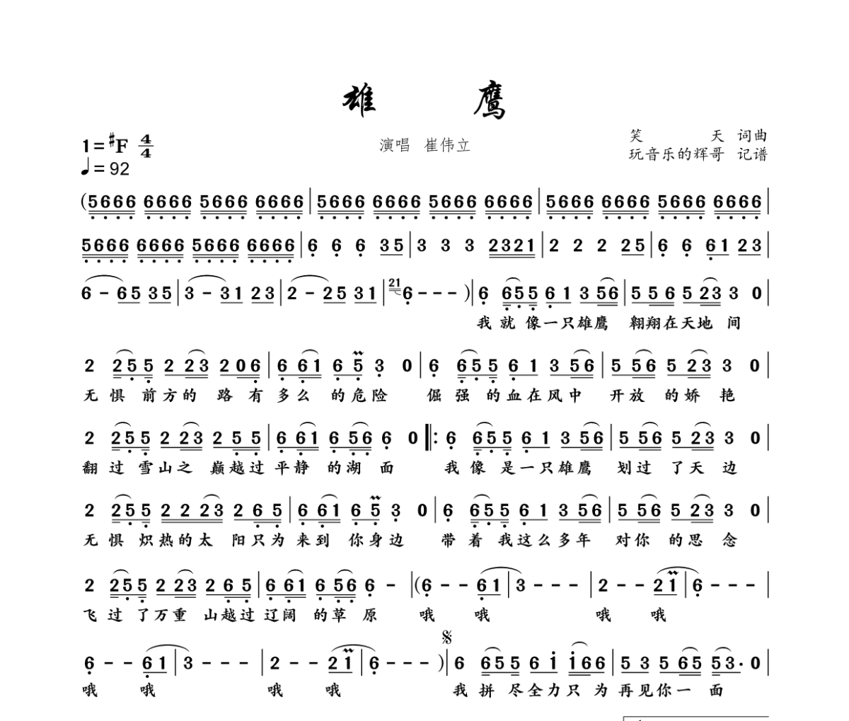 雄鹰简谱 崔伟立-雄鹰简谱+动态视频#F调