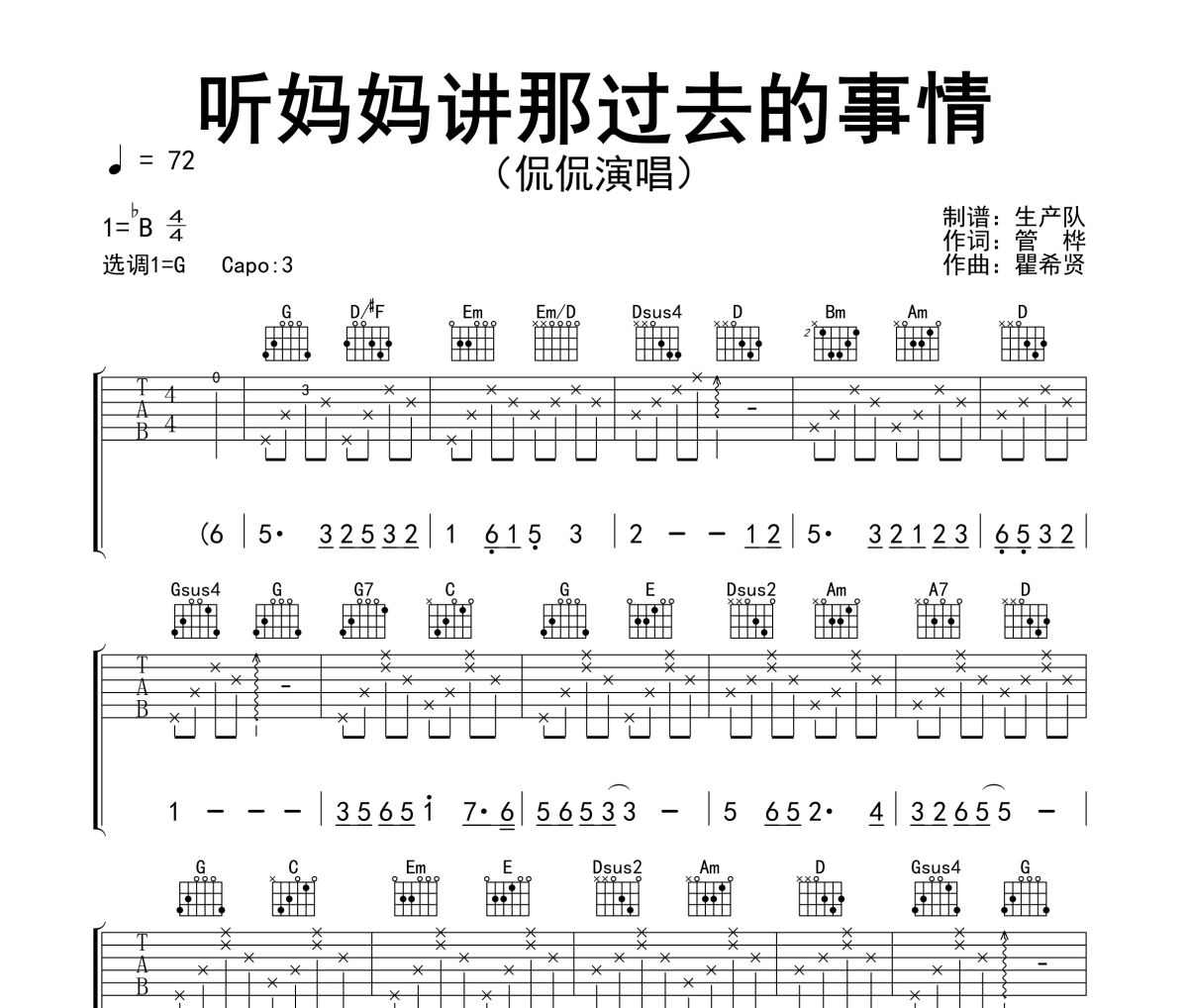 听妈妈讲那过去的事情吉他谱 侃侃《听妈妈讲那过去的事情》六线谱G调吉他谱