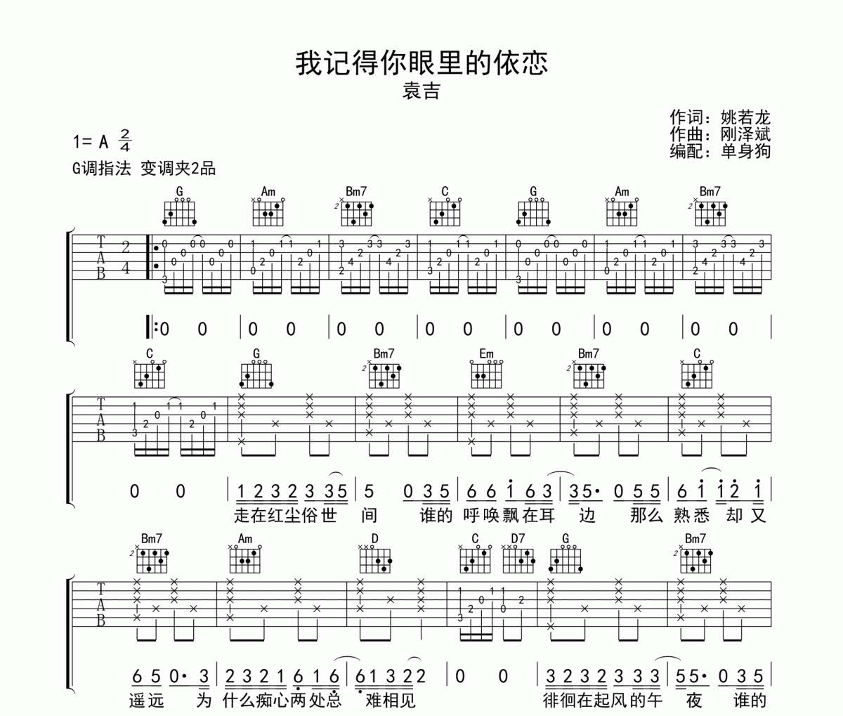 我记得你眼里的依恋 吉他谱 袁吉-我记得你眼里的依恋六线谱G调