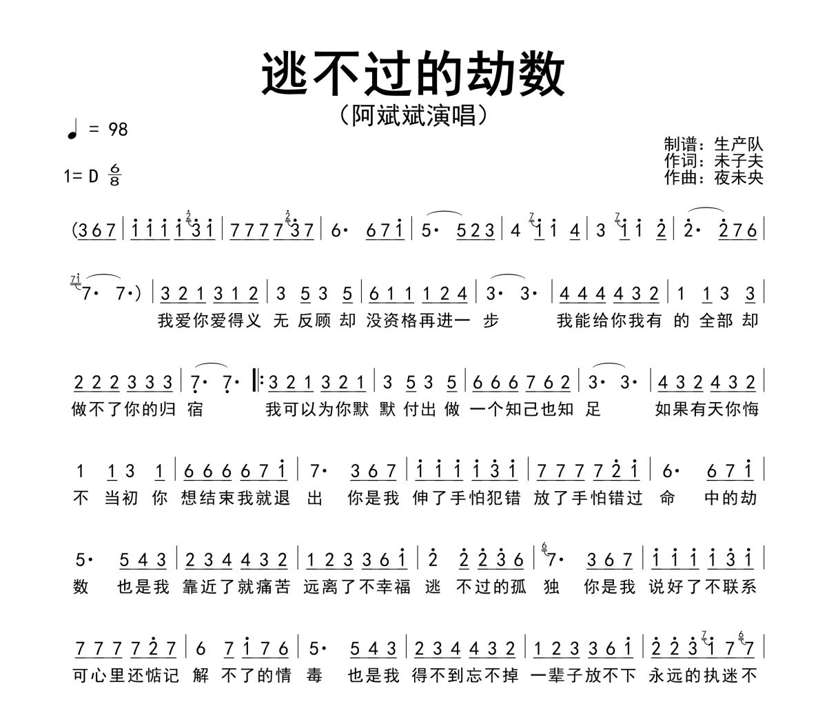 逃不过的劫数简谱 阿斌斌《逃不过的劫数》简谱D调