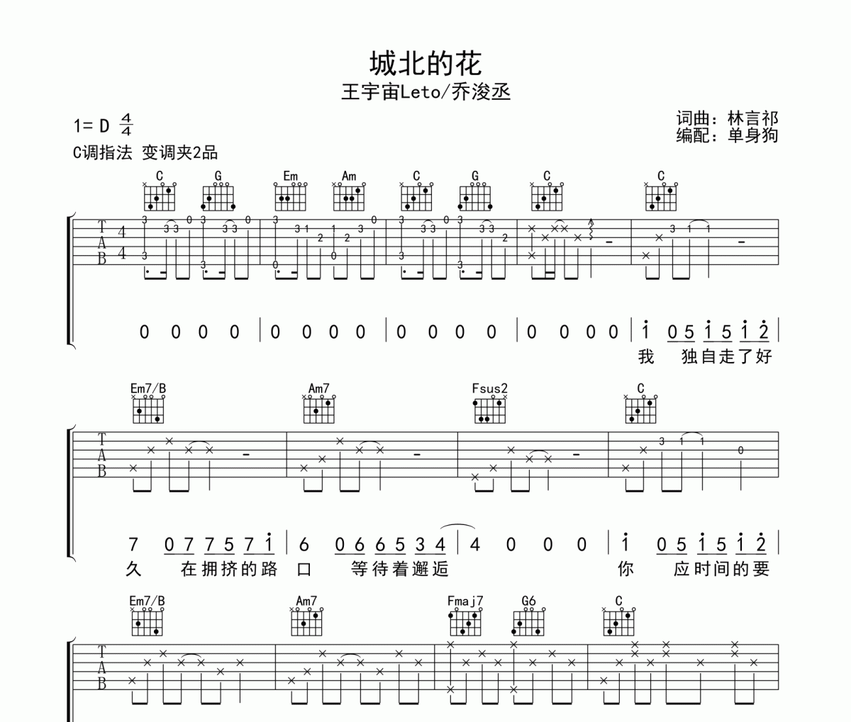 城北的花吉他谱 王宇宙Leto/乔浚丞《城北的花》六线谱C调吉他谱