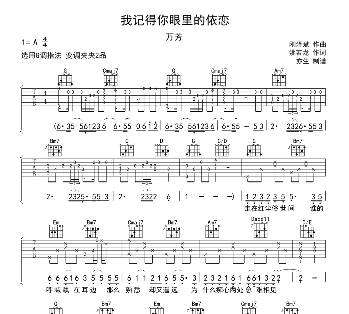 我记得你眼里的依恋吉他谱 万芳《我记得你眼里的依恋》六线谱G调