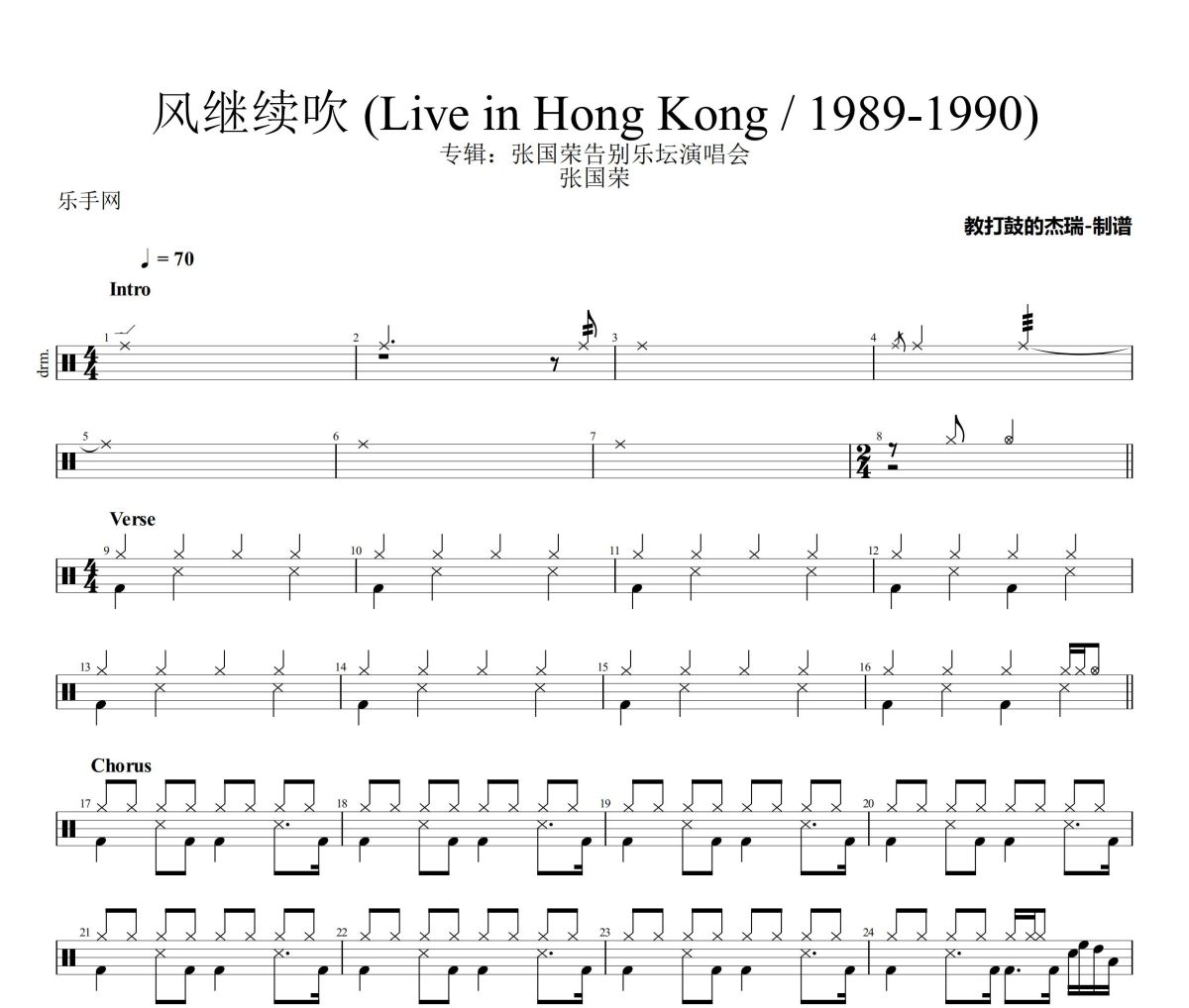 风继续吹 鼓谱 张国荣《风继续吹 》(Live in Hong Kong / 1989-1990)架子鼓|爵士鼓|鼓谱