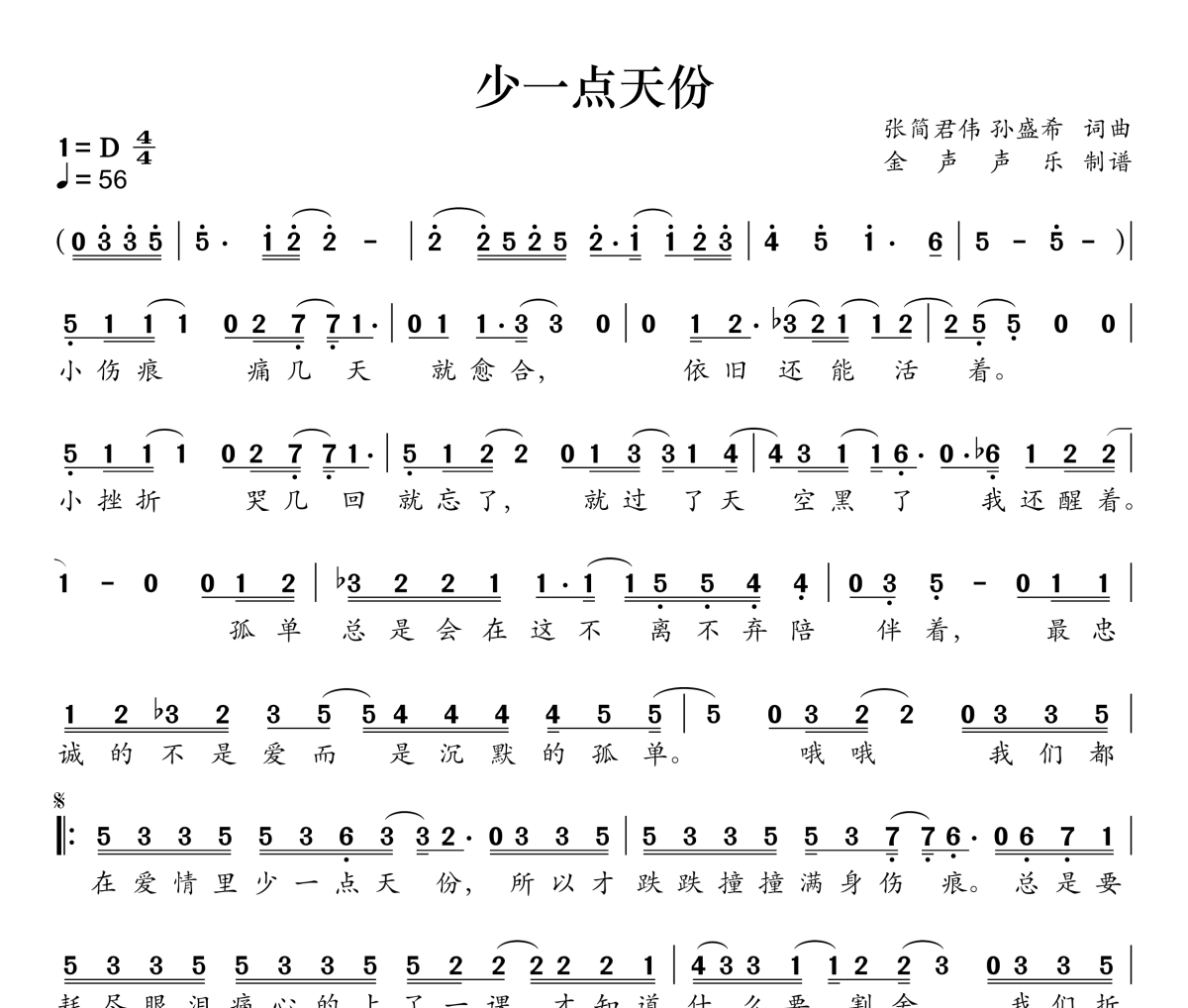 少一点天份简谱 孙盛希-少一点天份简谱D调