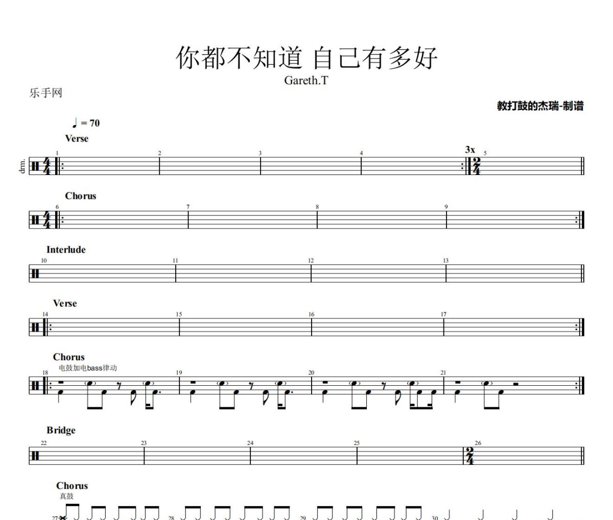 你都不知道 自己有多好鼓谱 Gareth.T《你都不知道 自己有多好》架子鼓|爵士鼓|鼓谱
