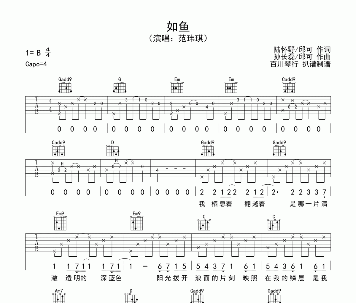 范玮琪如鱼吉他谱吉他谱 范玮琪《范玮琪如鱼吉他谱》六线谱B调吉他谱