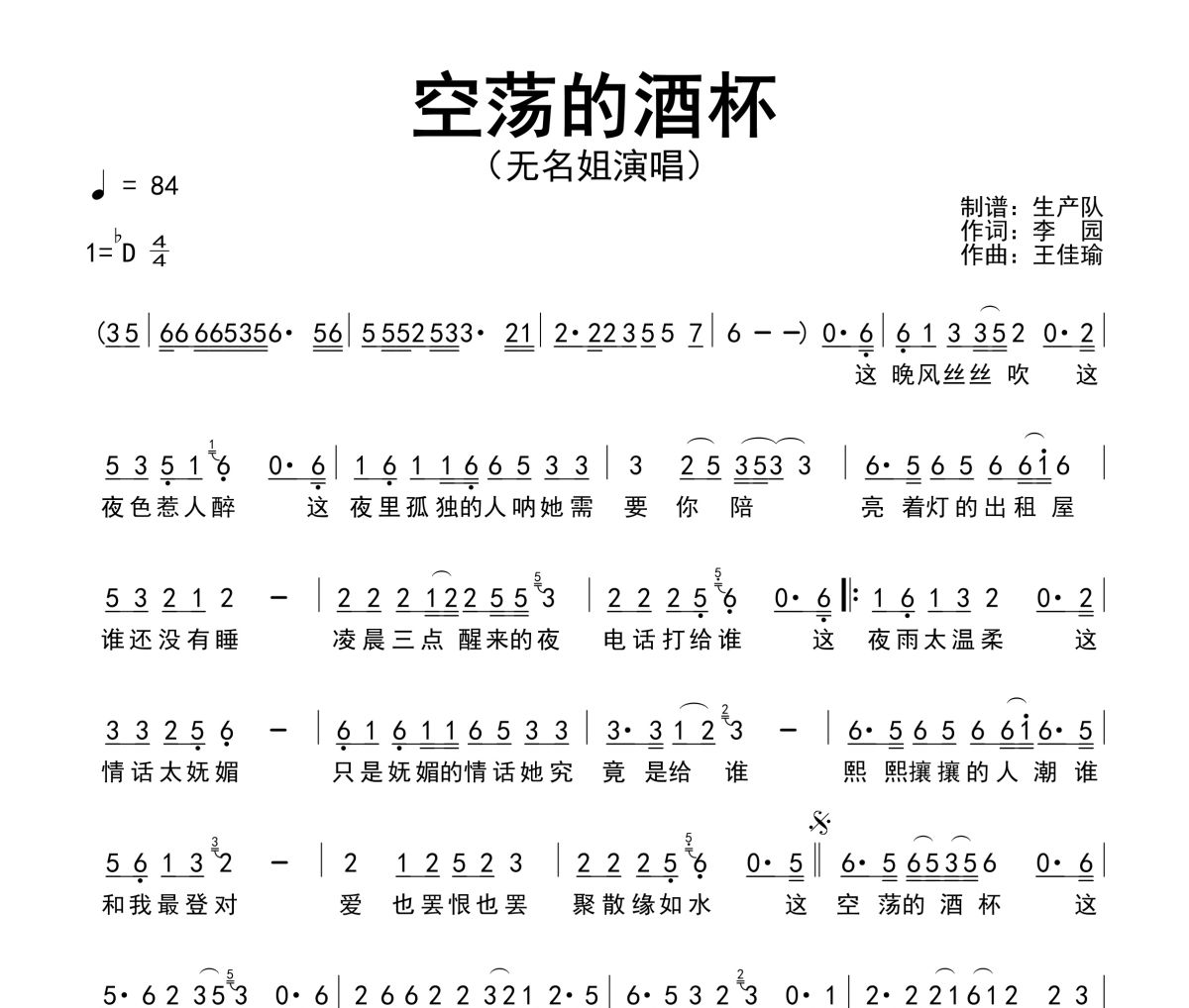 空荡的酒杯简谱 无名姐（路宝）空荡的酒杯简谱降D调