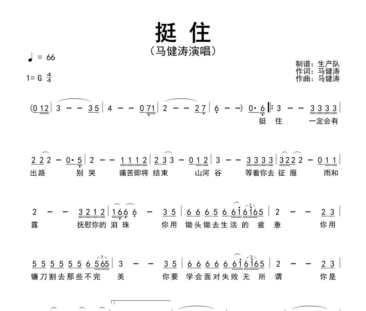 挺住简谱 马健涛-挺住简谱G调