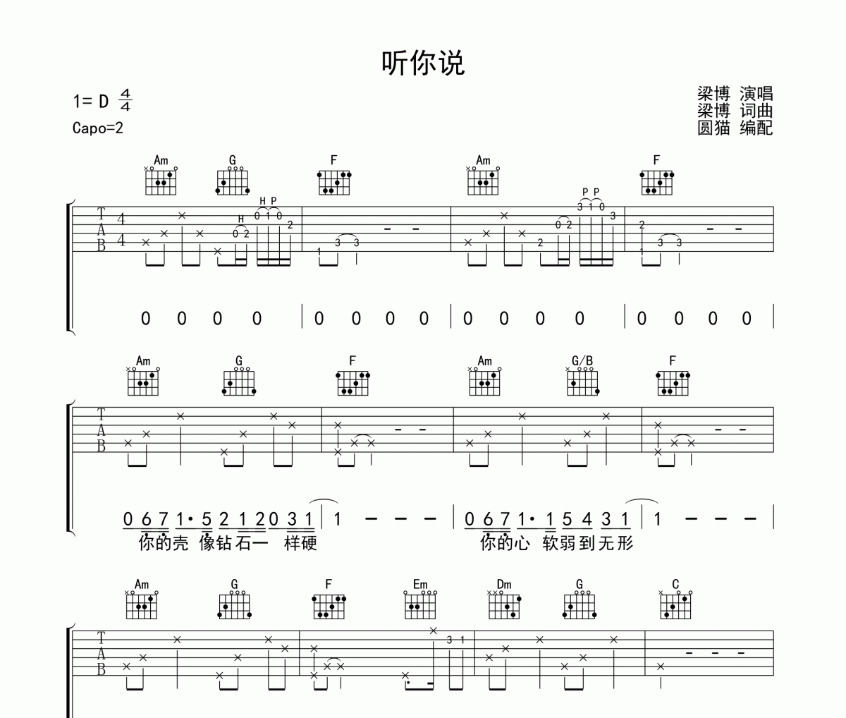听你说-梁博-吉他谱吉他谱 梁博《听你说-梁博-吉他谱》六线谱C调吉他谱