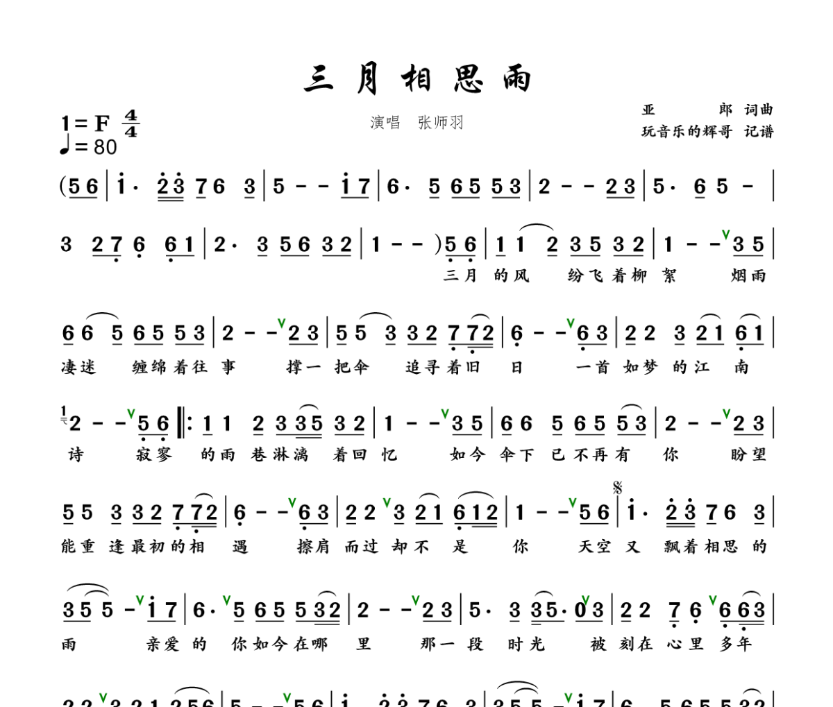 三月相思雨简谱 张师羽-三月相思雨简谱+动态视频F调