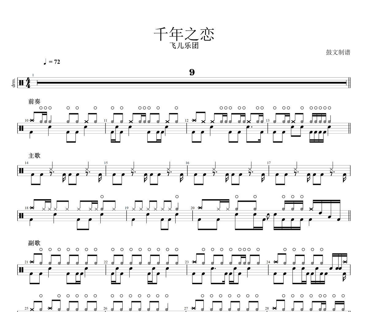 千年之恋鼓谱 飞儿乐团《千年之恋》架子鼓|爵士鼓|鼓谱+动态视频