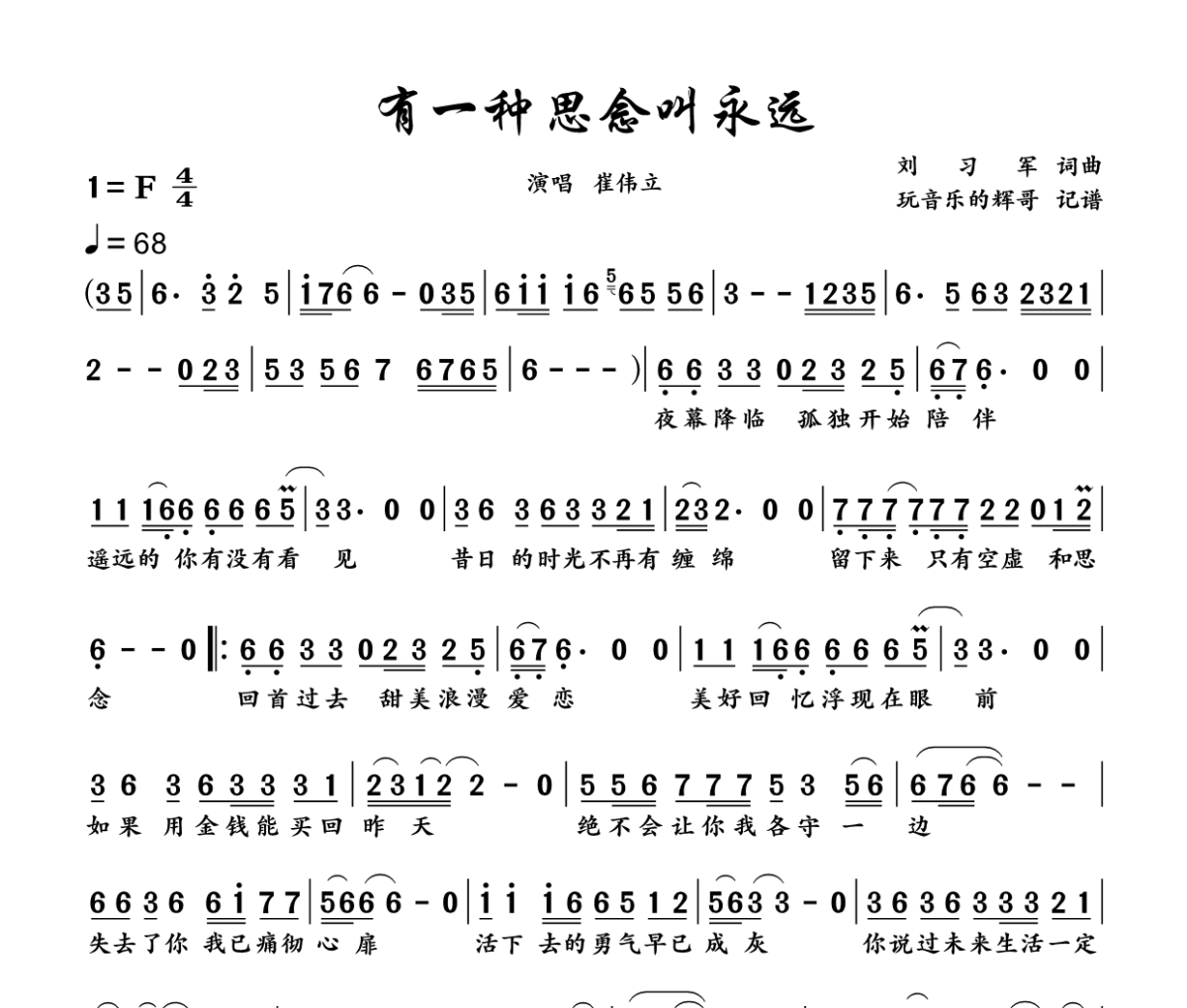 有一种思念叫永远简谱 崔伟立《有一种思念叫永远》简谱F调