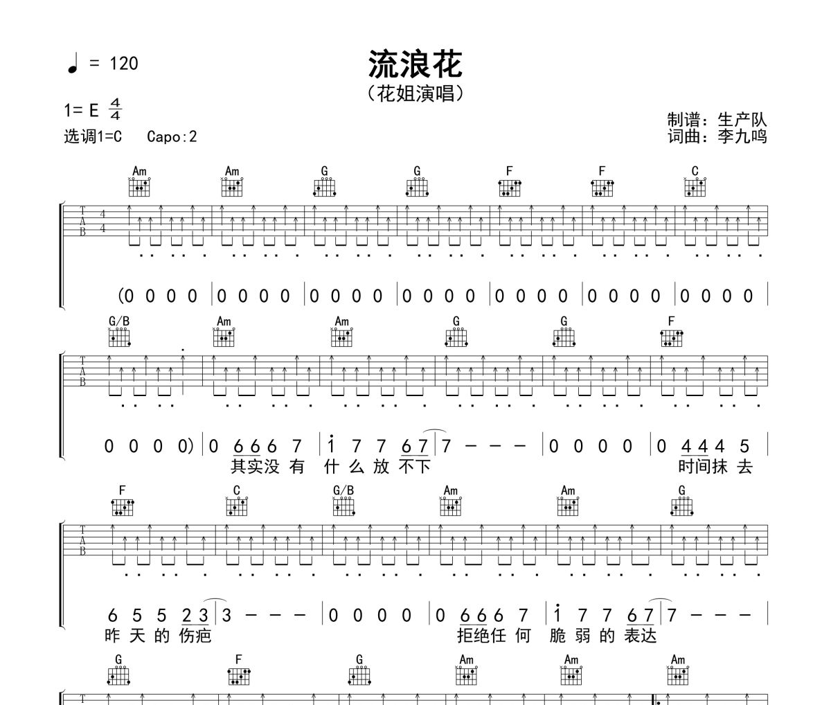 流浪花吉他谱 花姐《流浪花》六线谱C调指法编配