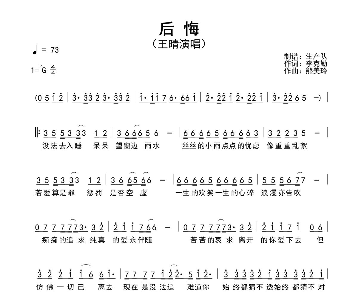 后悔简谱 王晴《后悔》(留什么给你粤语版)简谱降G调