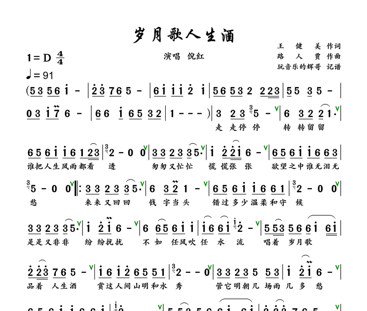 岁月歌人生酒简谱 倪红《岁月歌人生酒》简谱+动态视频D调