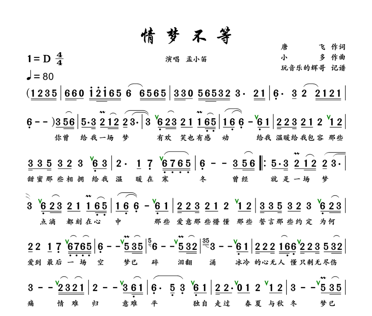 情梦不等简谱 孟小笛《情梦不等》简谱+动态视频升C调