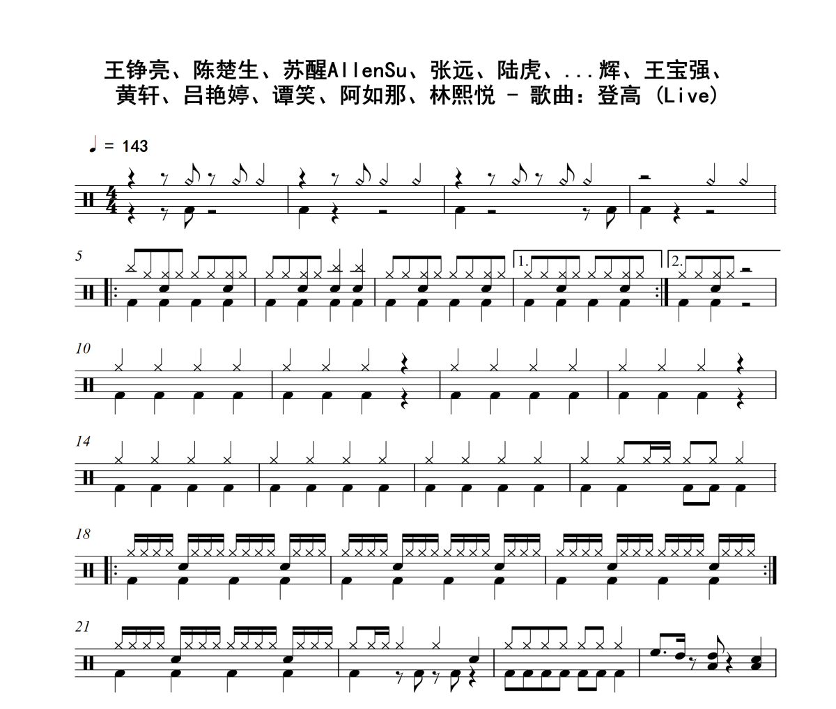 登高 鼓谱 王铮亮、陈楚生、苏醒AllenSu-登高 (Live)架子鼓|爵士鼓|鼓谱