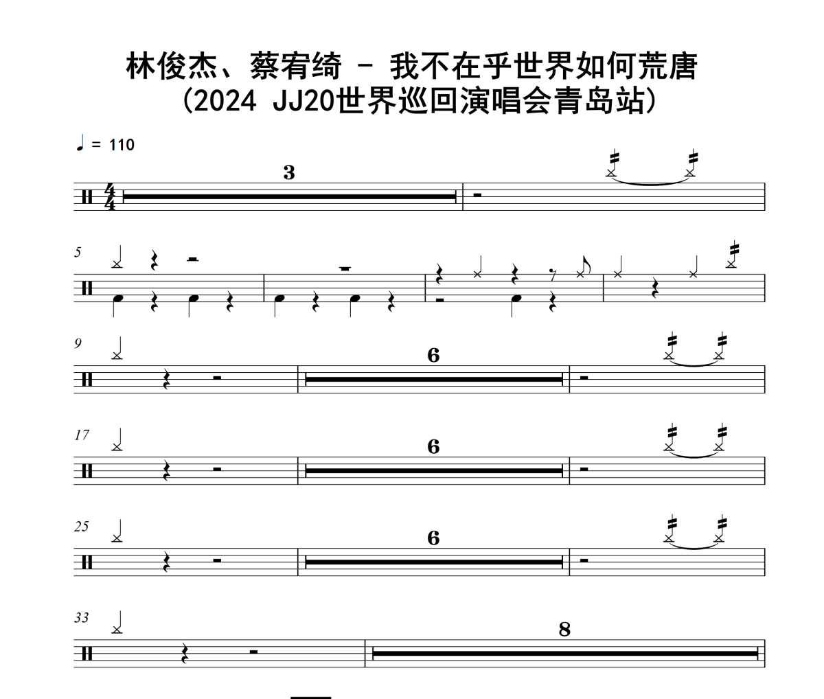 林俊杰、蔡宥绮-我不在乎世界如何荒唐(2024 JJ20世界巡回演唱会青岛站)架子鼓|爵士鼓|鼓谱