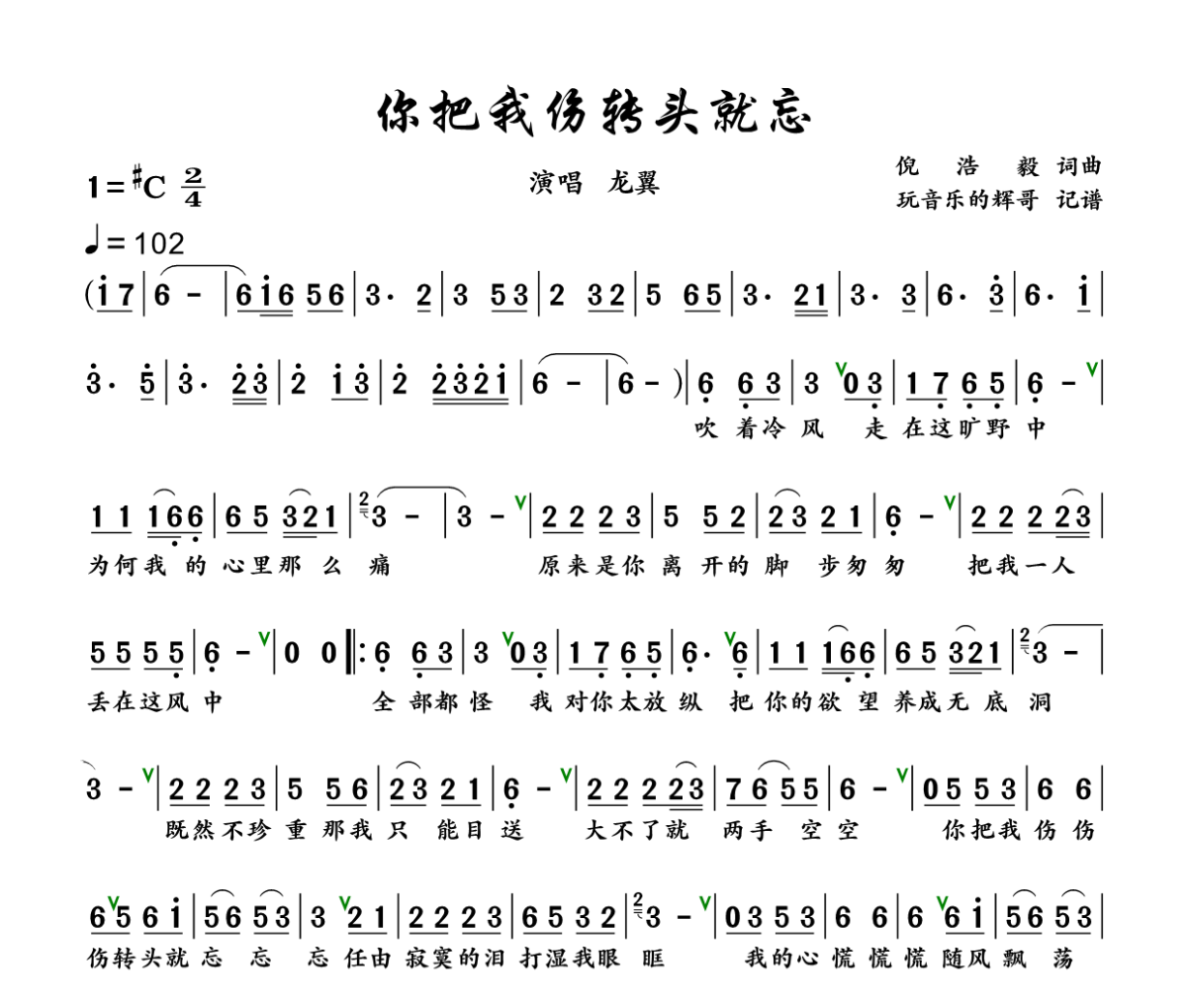 你把我伤 转头就忘简谱 龙翼《你把我伤 转头就忘》简谱+动态视频升C调