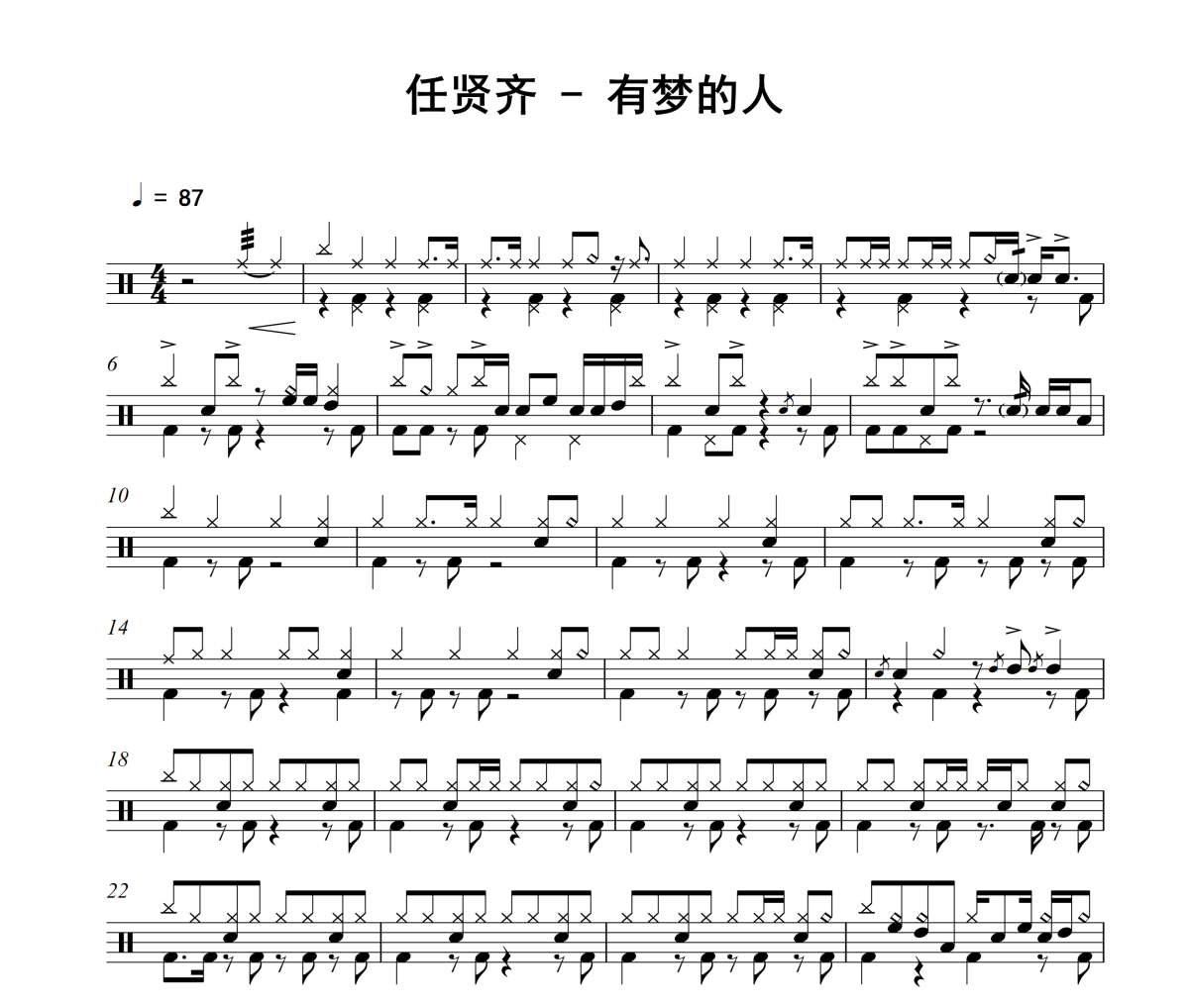 有梦的人鼓谱 任贤齐《有梦的人》架子鼓|爵士鼓|鼓谱