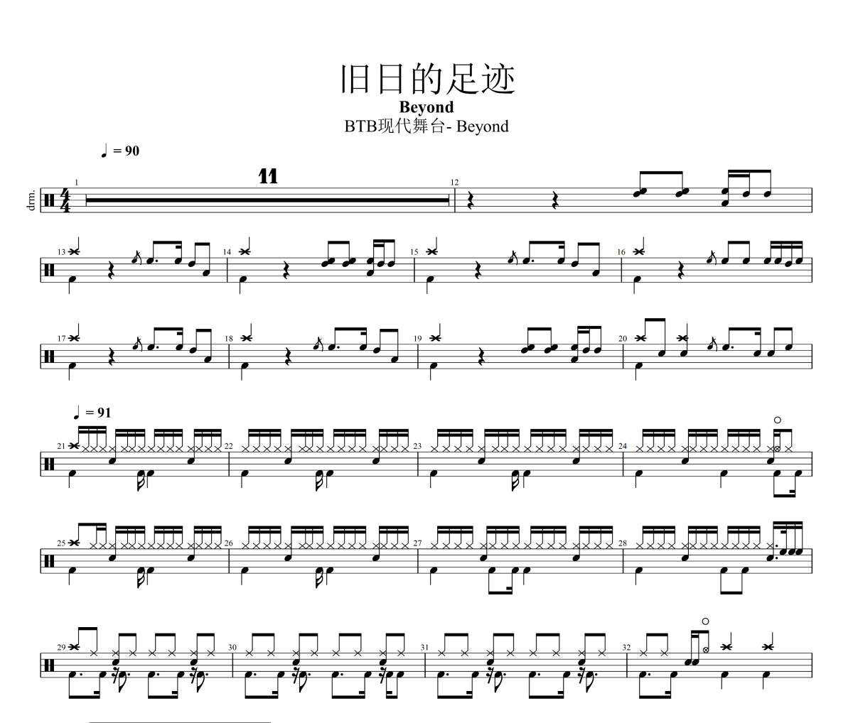 旧日的足迹鼓谱 BEYOND-旧日的足迹架子鼓鼓谱