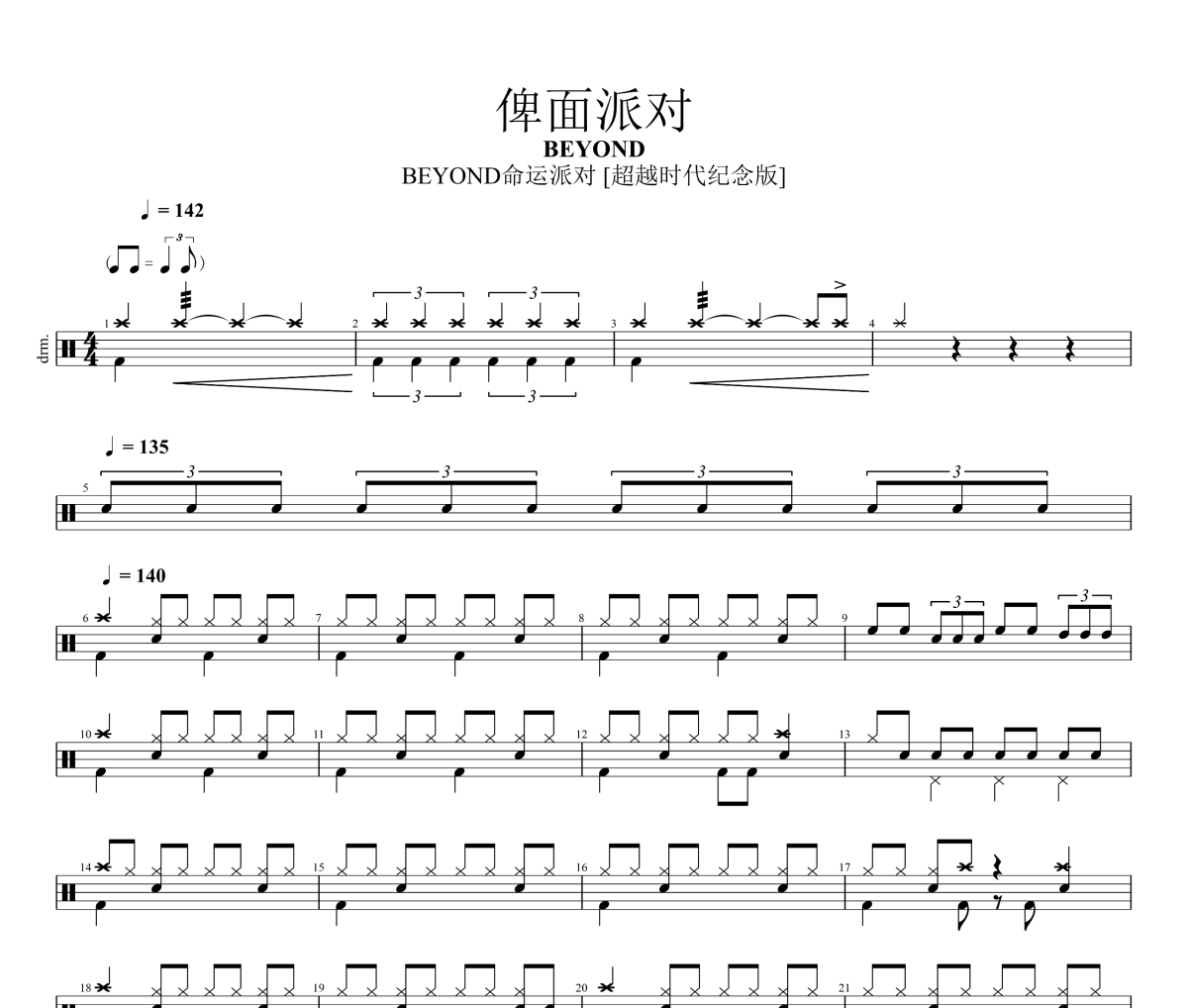 俾面派对鼓谱 BEYOND-俾面派对架子鼓|谱