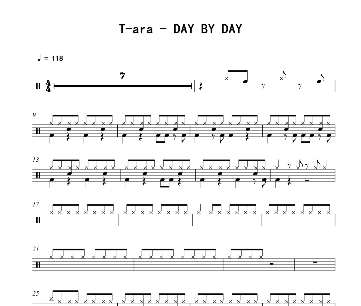 DAY BY DAY鼓谱 T-ara-DAY BY DAY爵士鼓鼓谱