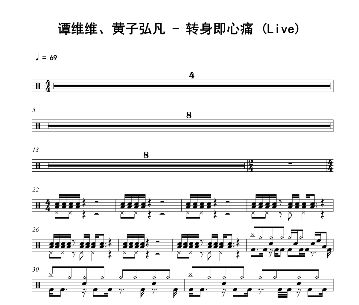 转身即心痛 鼓谱 谭维维、黄子弘凡《转身即心痛 》(Live)架子鼓|爵士鼓|鼓谱