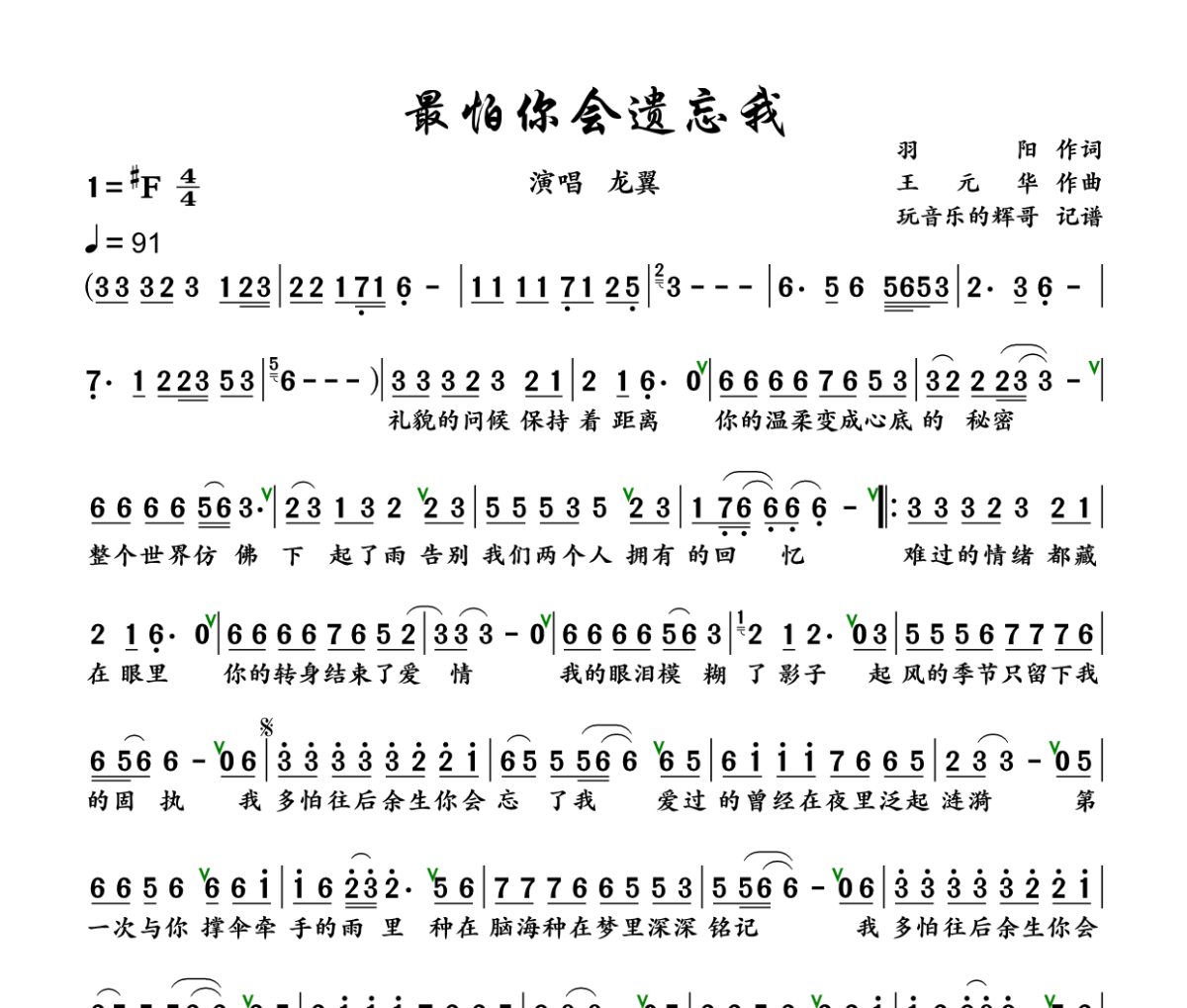 最怕你会遗忘我简谱 龙翼《最怕你会遗忘我》简谱+动态视频