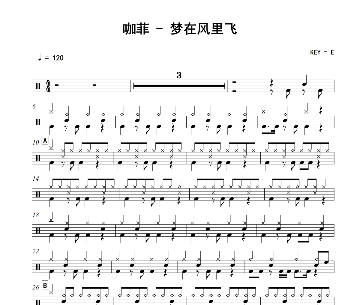 梦在风里飞鼓谱 咖菲《梦在风里飞》架子鼓|爵士鼓|鼓谱