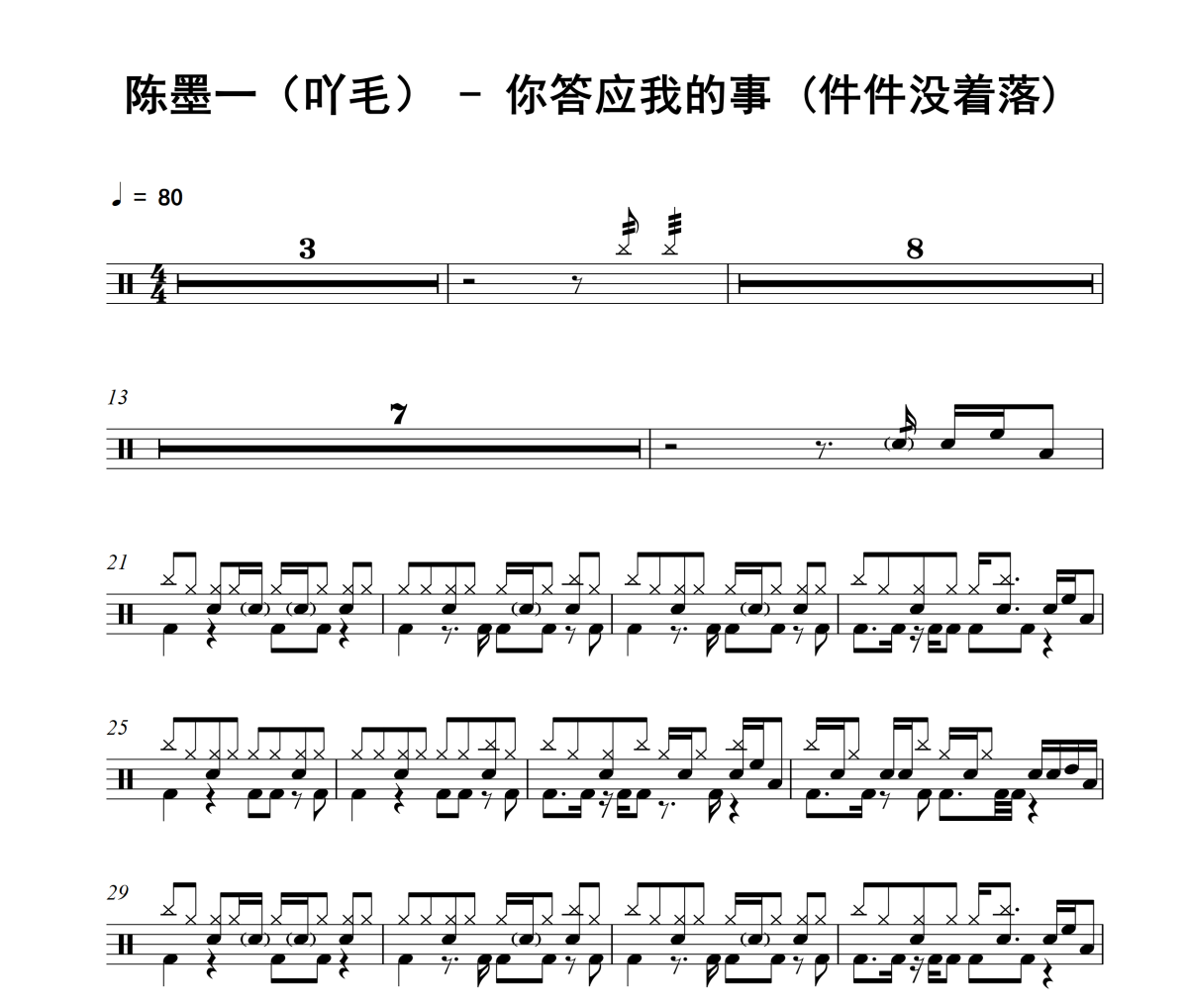 你答应我的事 鼓谱 陈墨一（吖毛）《你答应我的事(件件没着落)爵士鼓谱