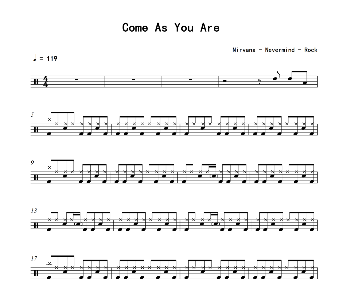 Come As You Are鼓谱 Nirvana-Come As You Are爵士鼓鼓谱