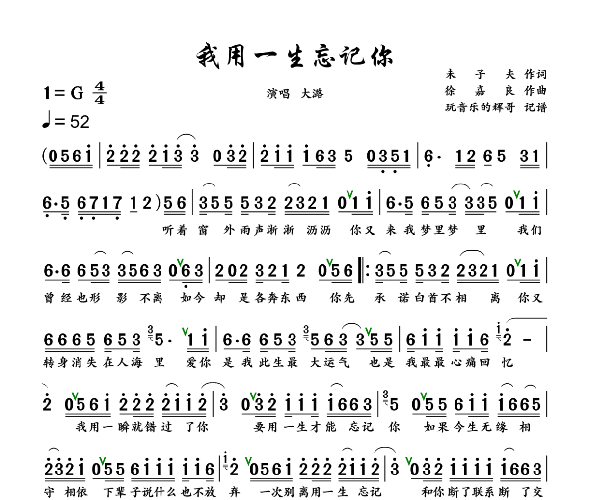 我用一生忘记你简谱 大潞《我用一生忘记你》简谱+动态视频G调