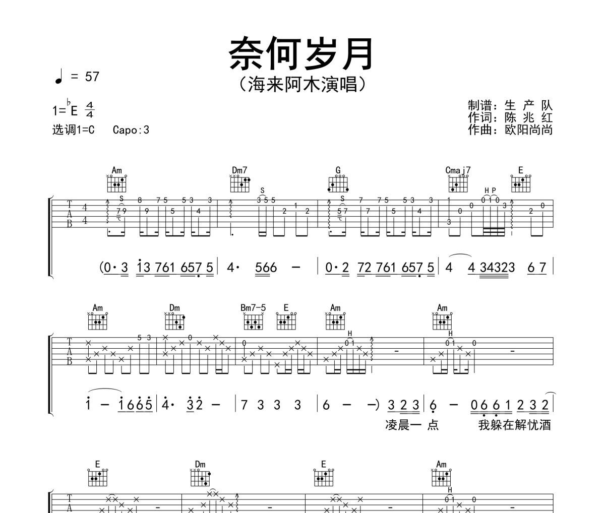 奈何岁月吉他谱 海来阿木-奈何岁月六线谱C调吉他谱