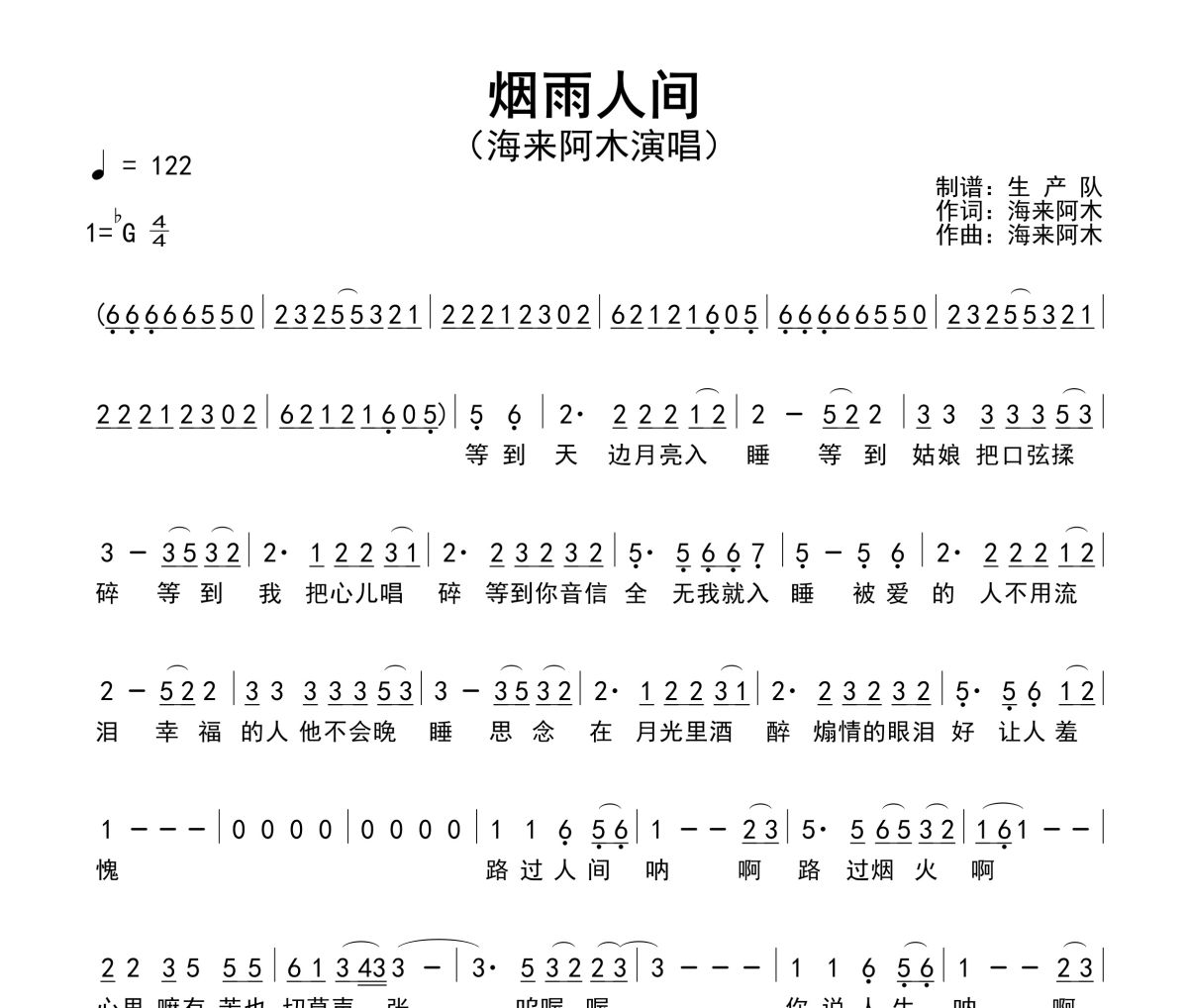 烟雨人间简谱 海来阿木《烟雨人间》简谱降G调