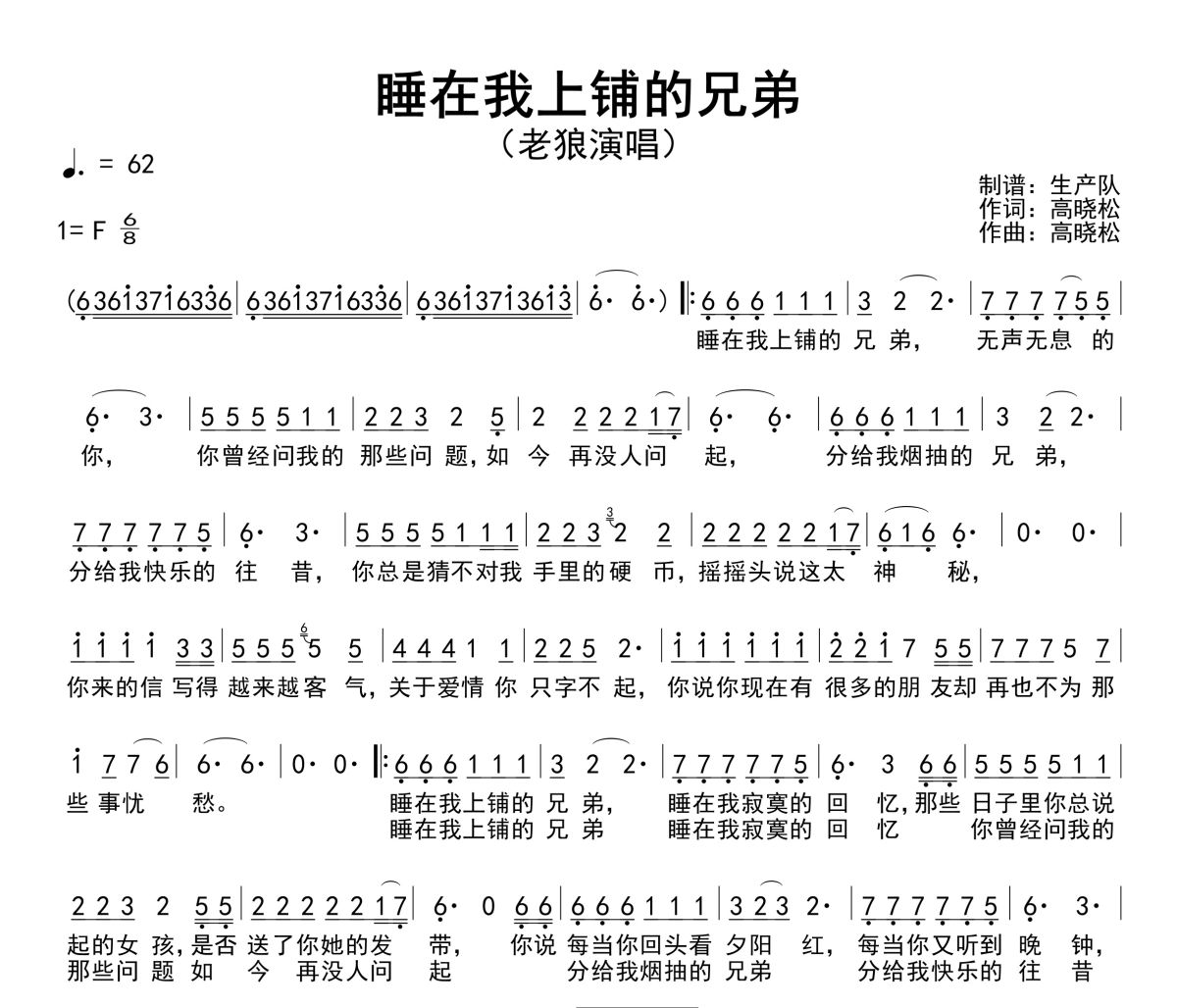 睡在我上铺的兄弟简谱 老狼《睡在我上铺的兄弟》简谱F调