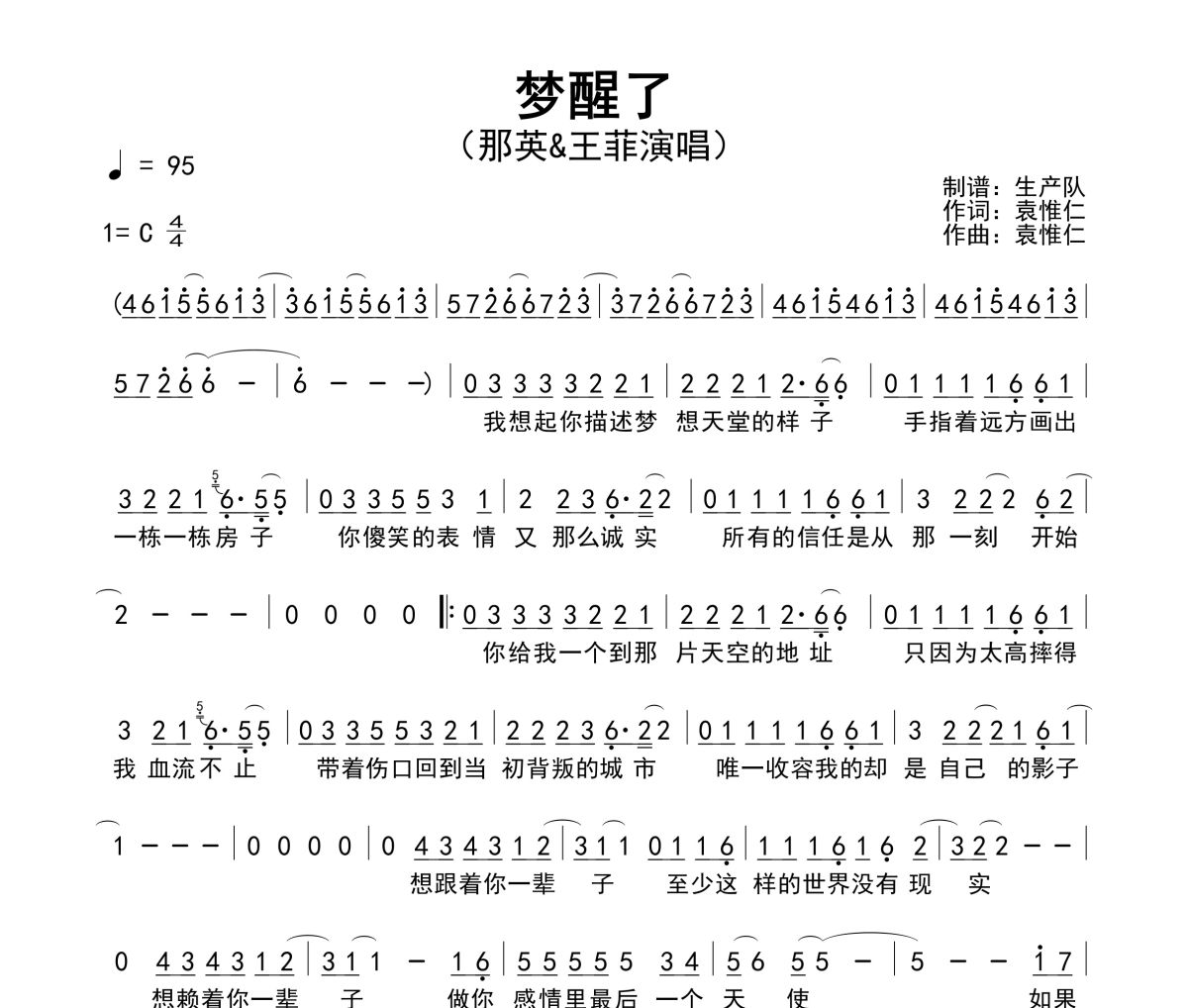 梦醒了简谱 那英&王菲《梦醒了》简谱C调