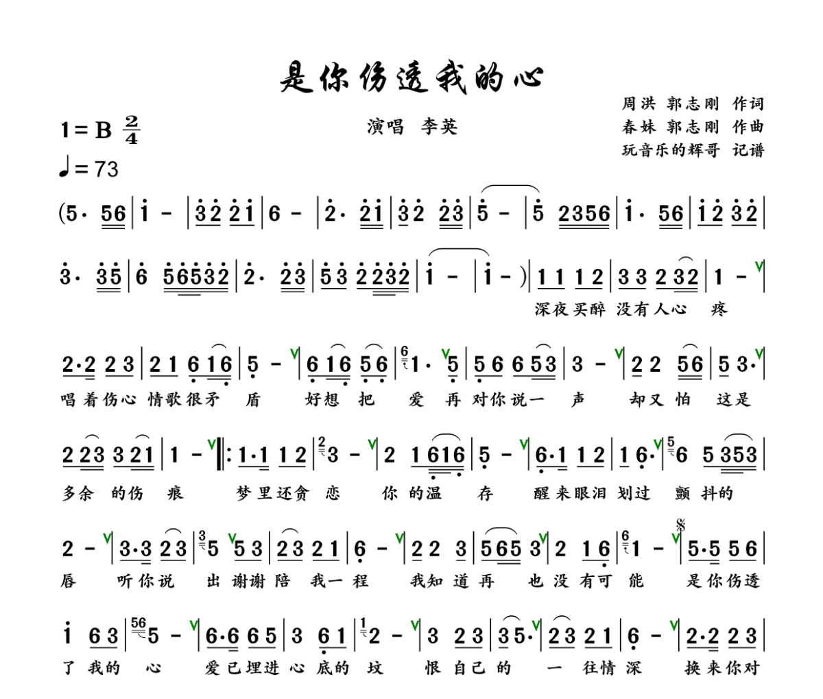是你伤透我的心简谱 李英《是你伤透我的心》简谱+动态视频B调