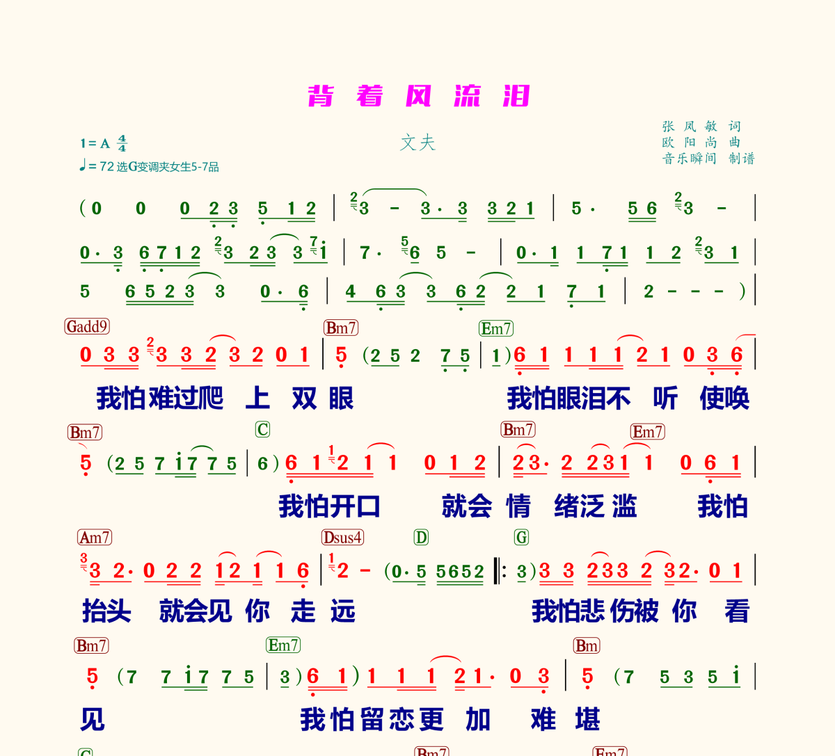 背着风流泪简谱 文夫《背着风流泪》(电子琴和弦简谱)简谱+动态视频
