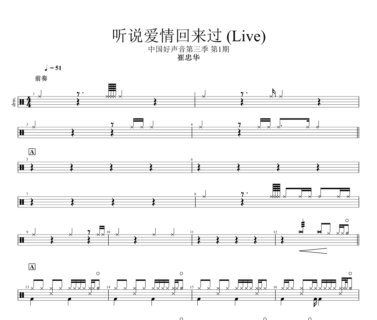 听说爱情回来过 鼓谱 崔忠华《听说爱情回来过 》(Live)架子鼓|爵士鼓|鼓谱